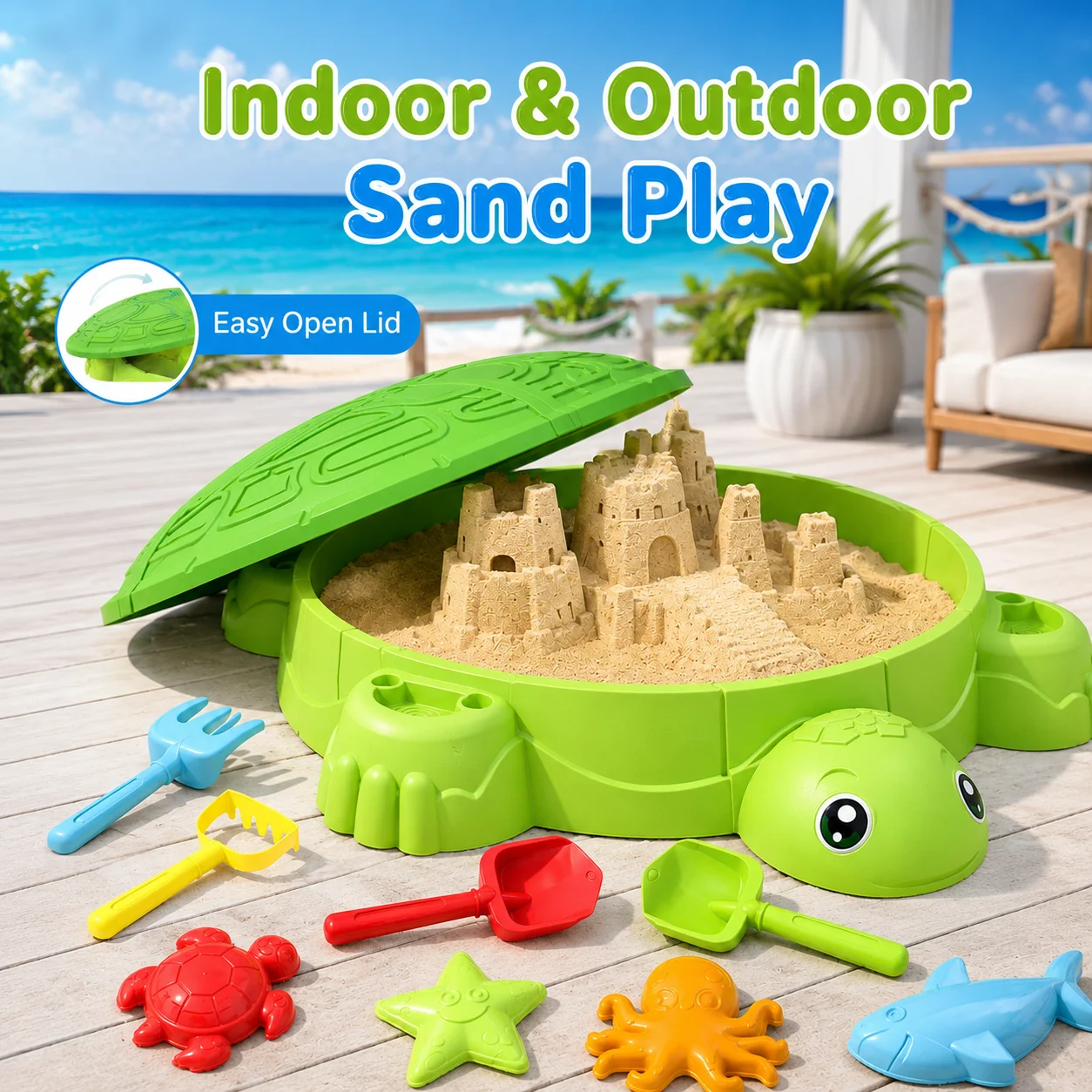 MQUDUO Outdoor Turtle Sandpit Toy, Large 61cm Sandbox with Lid and Accessories for Boys Girls Beach Garden Play - view 6