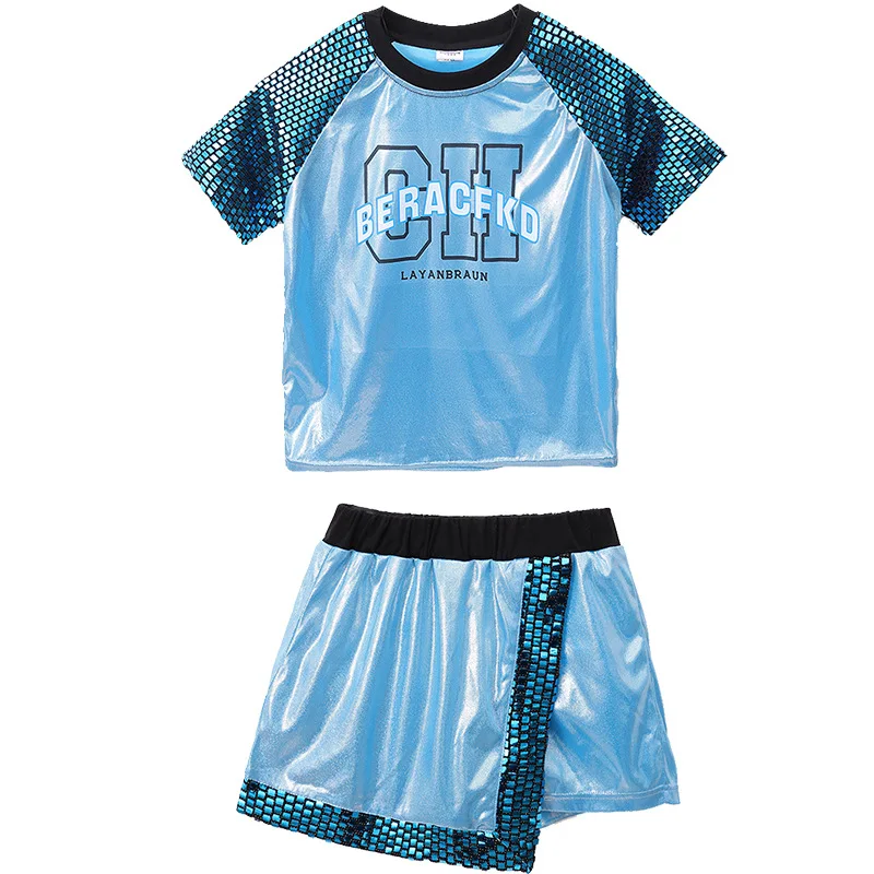 Boys Hip Hop Blue T shirt Girl Jazz Shorts 2 Pcs Set Kids Sequin Shine Street Dance Cheerleading Stage Performance Uniform