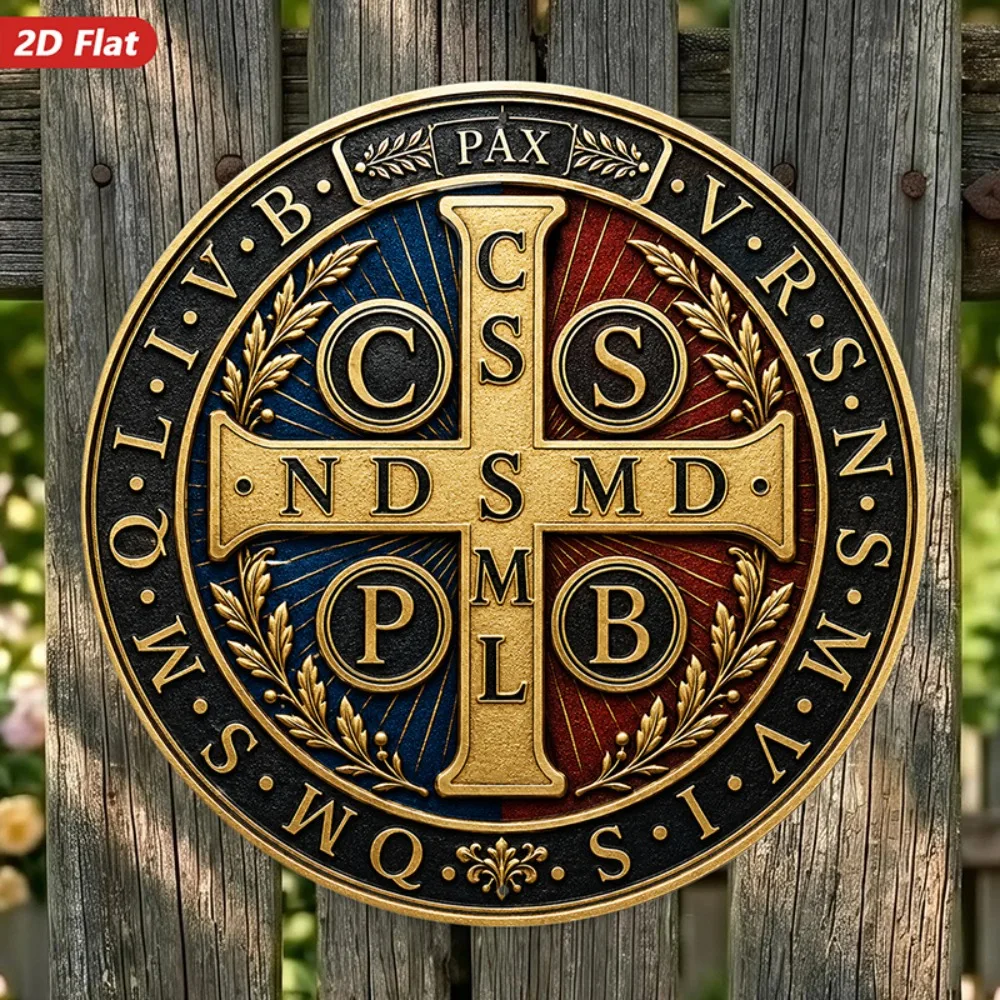 CIFBUY Vintage St Benedict Medal Religious Wall Art Metal Sign Catholic Cross Protection Decor for Home Living Room Studio