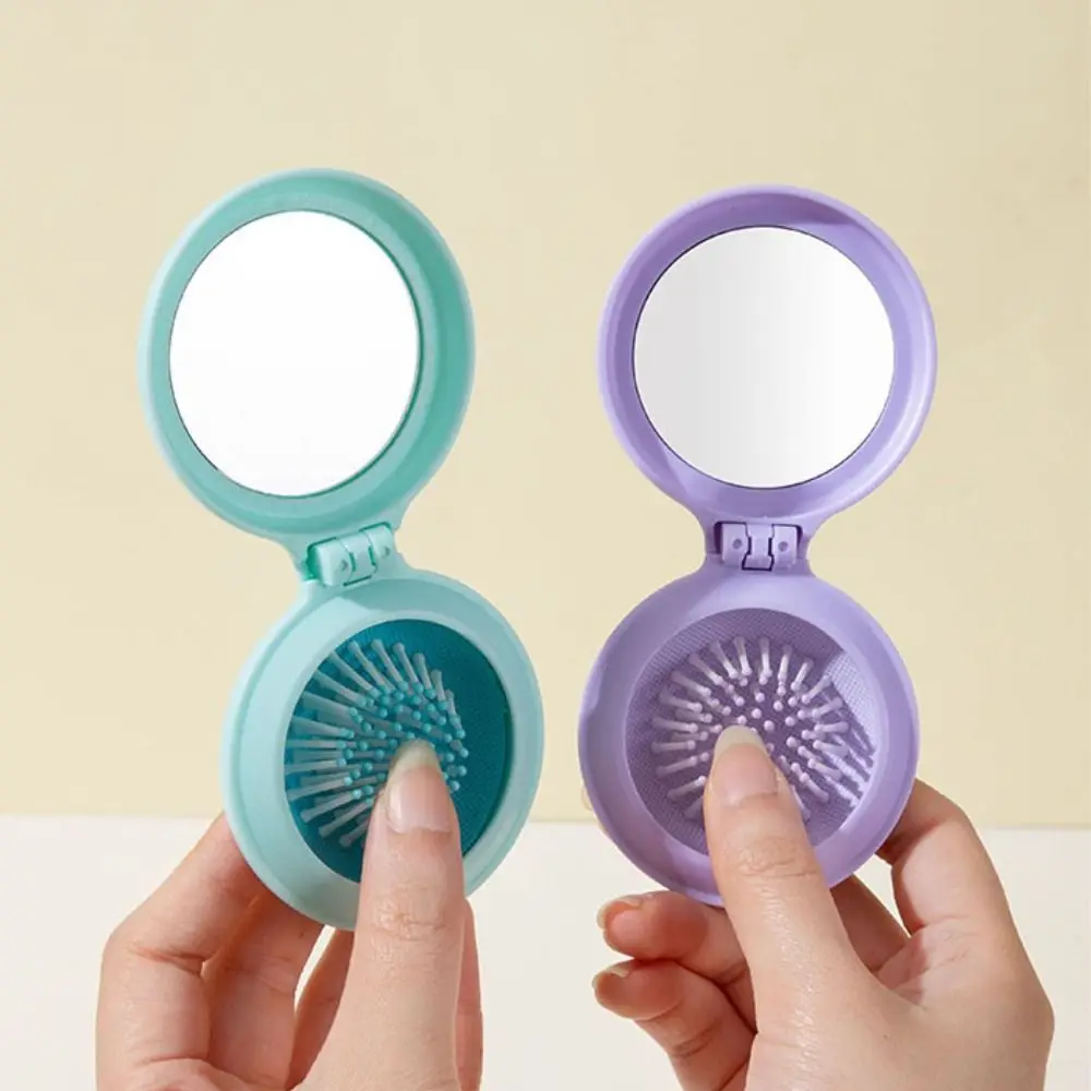 

4Pcs Round Makeup Mirror with Comb Dual Use Mini Folding Air Bag Comb Scalp Massage Solid Color Pocket Hair Brush