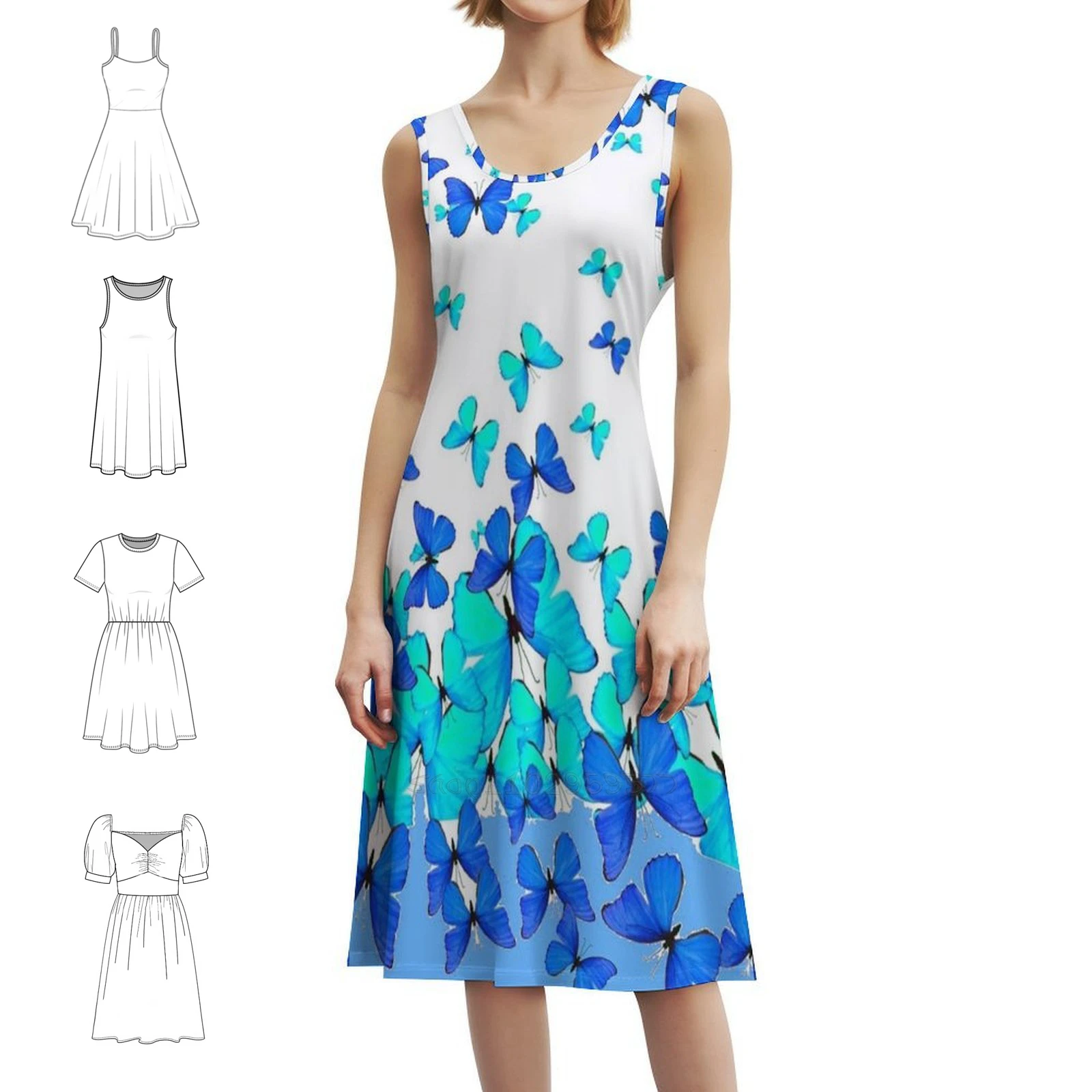 

Ассорти синих бабочек, белое художественное платье с вырезом в форме сердца, элегантное летнее праздничное платье для женщин, разные художественные синие платья