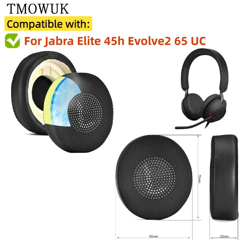 

Replacement Protein Leather Ear Pads Cushion Cover Earpads for Jabra Elite 45h Evolve2 65 UC Headset TMOWUK