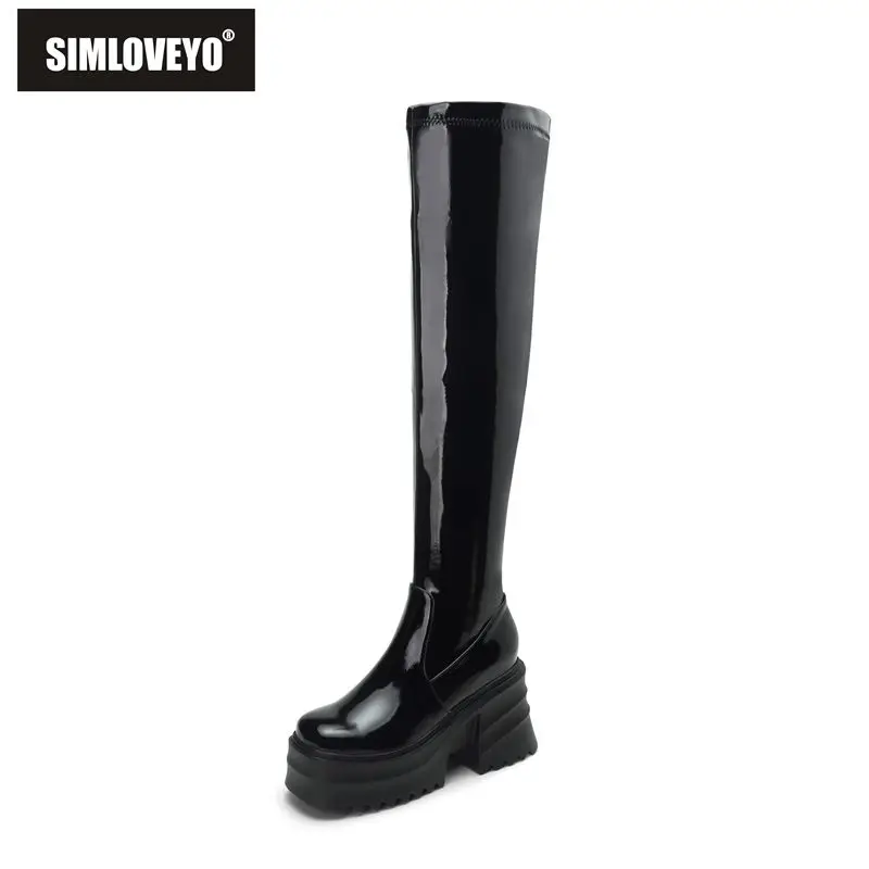 

SIMLOVEYO New Patent Leather Women Thigh High Boots Chunky Heel 9cm Double Platform Zipper Plus Size 41 42 43 Sexy Party Booties