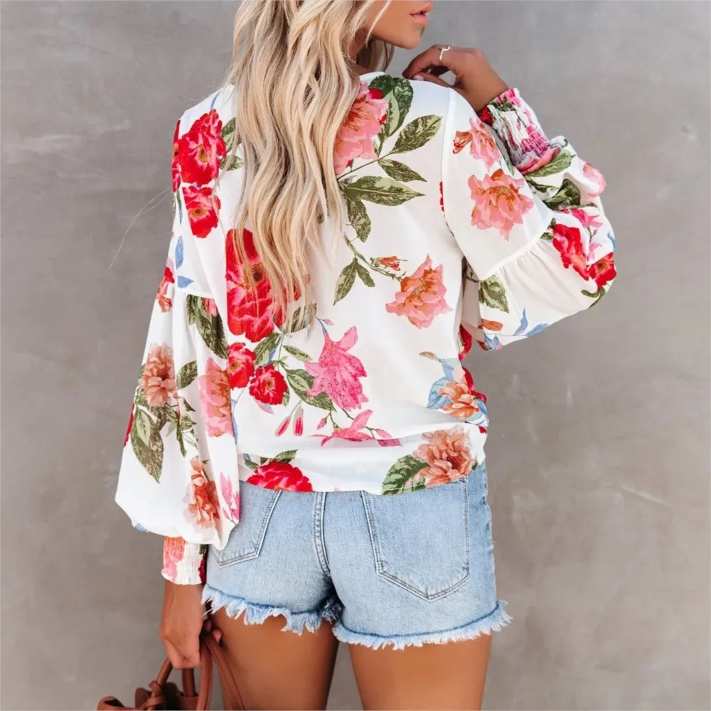 Women Autumn New Printed Pleated Bubble Sleeve Round Neck Pullover Shirt Office Lady Flower Print Long-Sleeved Pullover Blouses