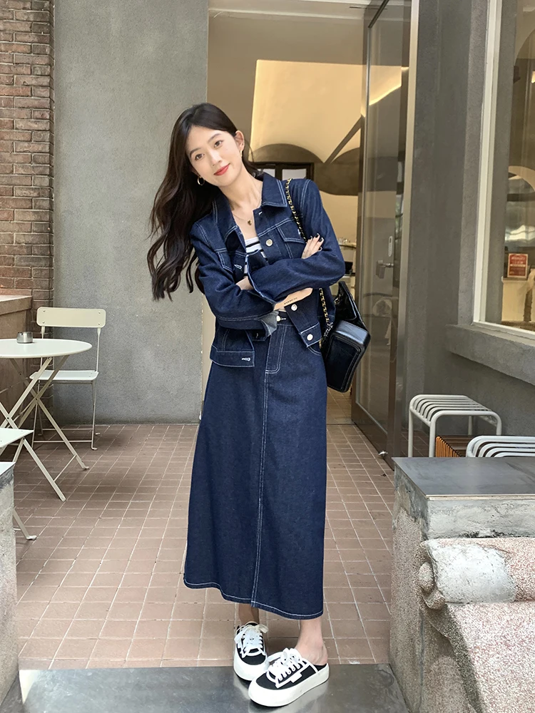 Autumn Winter Denim Two-piece Set For Women Lapel Collar Jacket Tops And Pencil Skirt Female Large Size 3XL Blue Matching Suits