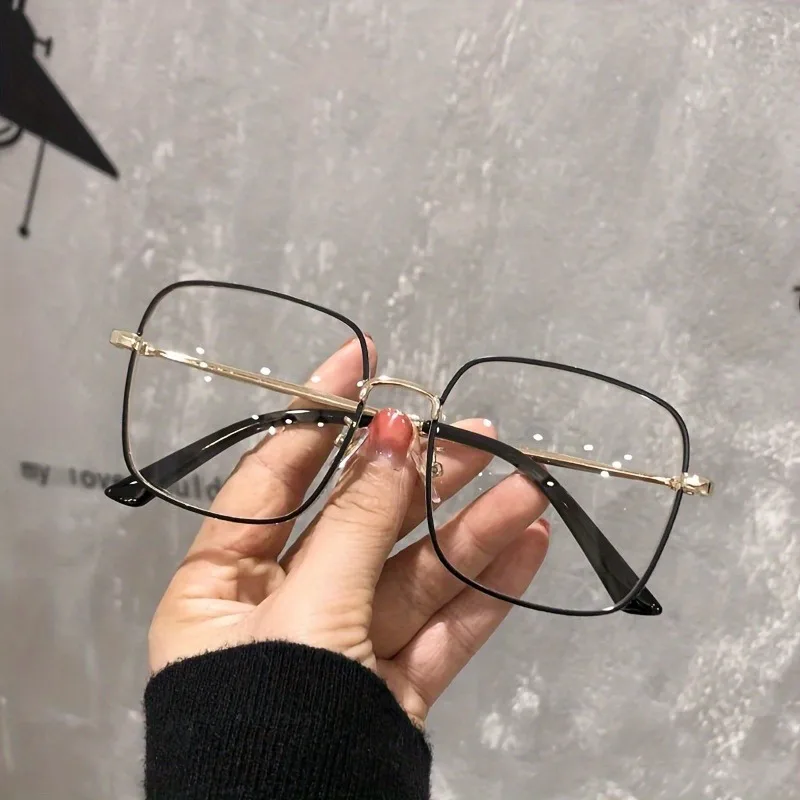 2 Stück Damen-Brille, einfarbig, mit großem Rahmen, quadratisch, hochauflösende flache Linse, Metallrahmen, trendige und modische Brille