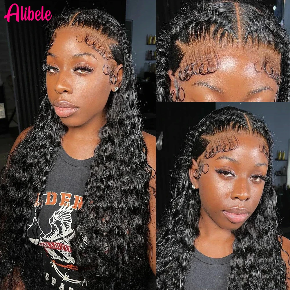 

ALIBELE Human Hair Wigs 13x6 Deep Curly Lace Front Human Hair Wig Transparent Lace 12A Virgin Hair Pre Plucked Natural Black