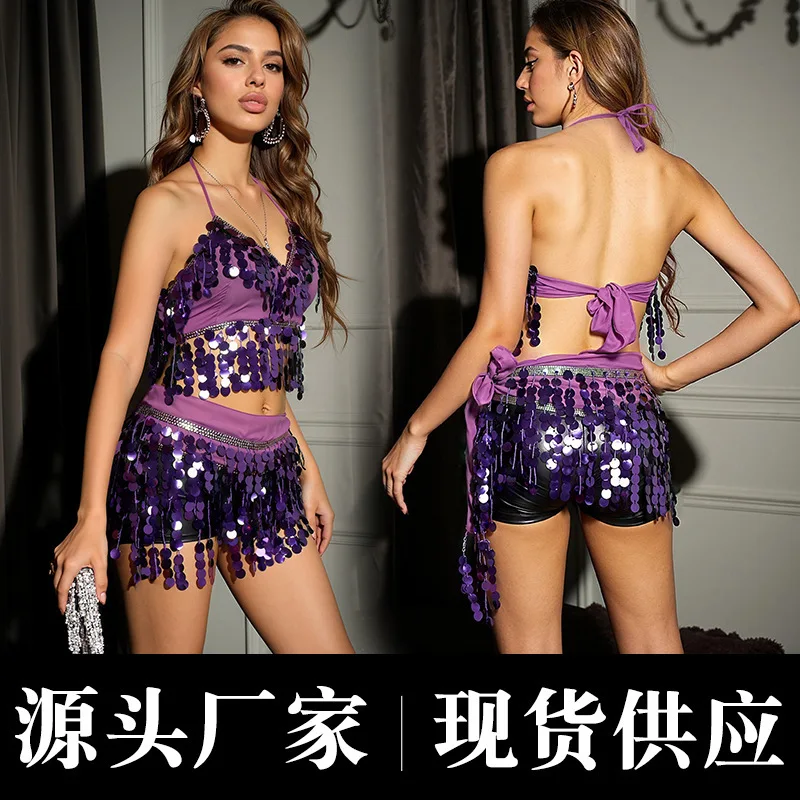 スパンコール カラフル チェストラップ タッセル ウエストチェーン ベリーダンス スーツ 女性 ステージパフォーマンス スパンコール タッセル スーツ