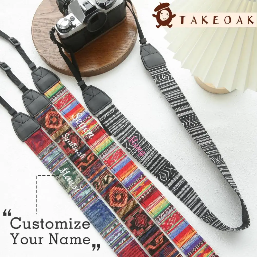 Custom Name Ethnic Woven Camera Strap Personalized Embroidered Bohemian Adjustable Dslr Camera Shoulder Strap Travel Accessories