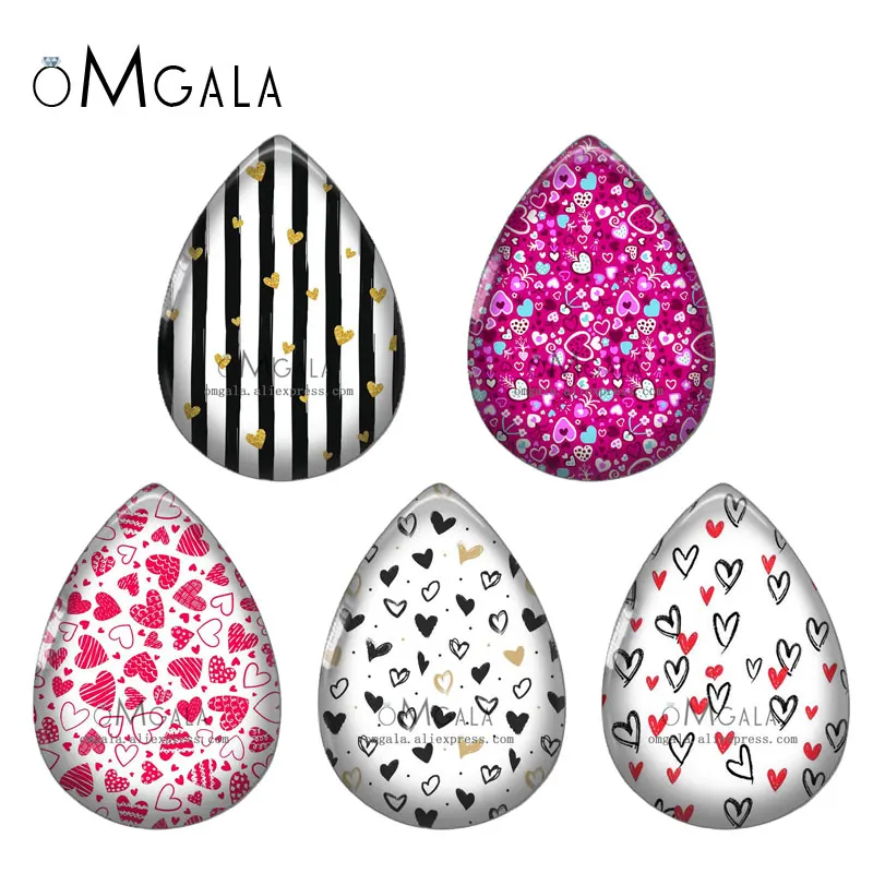 5pairs Red Love Heart Patterns Valentine's Day Art 13x18/18x25mm Photo Glass Cabochon Flat Back For DIY Jewelry Making Findings