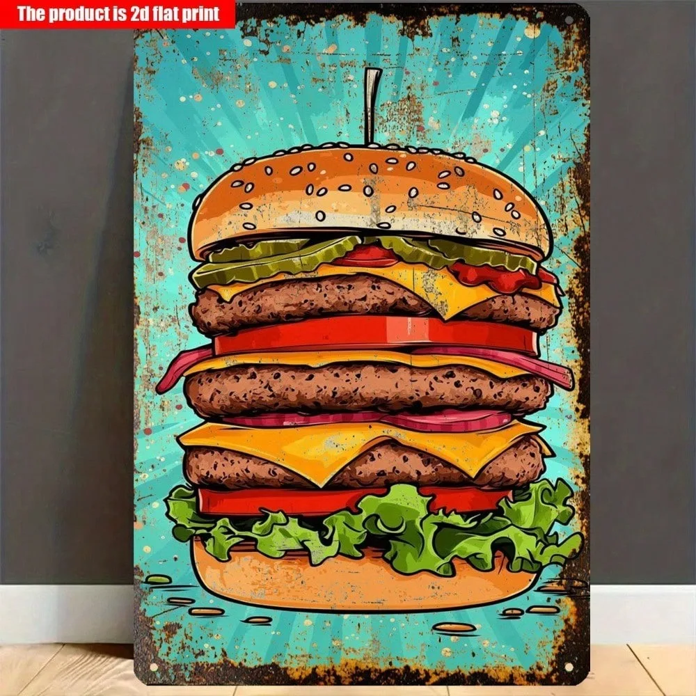 

Vintage Metal Wall Art Giant Hamburger Sign Rustic Kitchen Decor Home Cafe Bar
