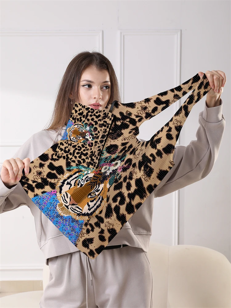 Faltbare Damen-Einkaufstasche mit Leoparden-Tiger-Muster, faltbare Aufbewahrung, wiederverwendbar, leicht zu tragende Handtasche mit Kapazität – Detail 2