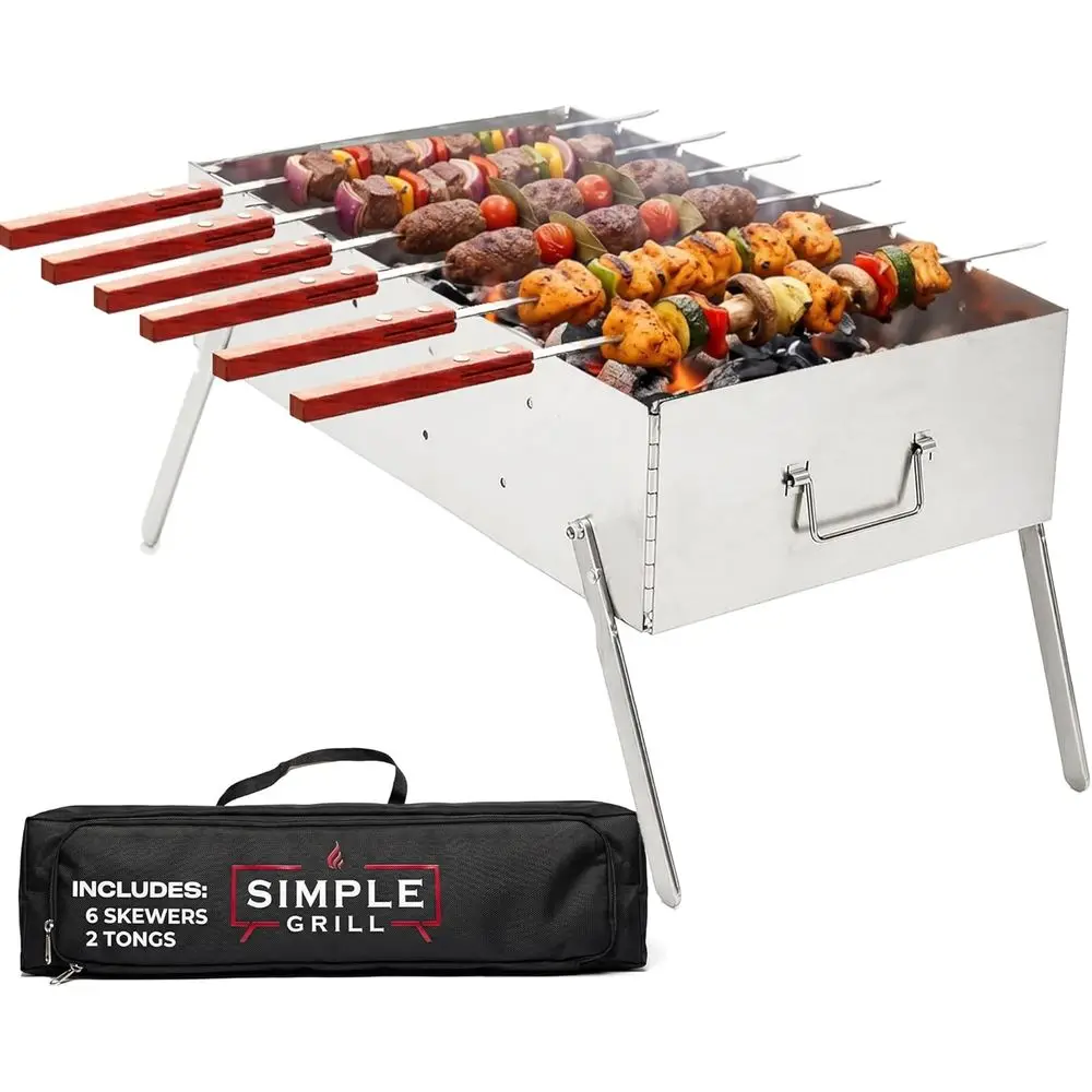 

Portable Stainless Steel Charcoal Grill - Ideal for Shish Kebabs, Steaks, Burgers | 20x12 Inch | Includes 6 Skewers, 2 Tongs, Ca