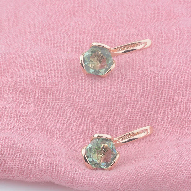 FJ Women Earrings 585 Rose Gold Color Light Green Lozenge Cubic Zircon Drop Jewelry