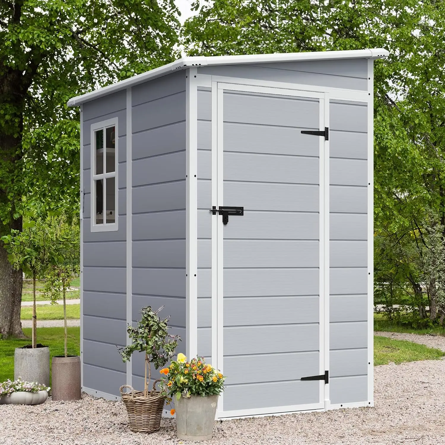 Outdoor Storage Shed,5 x 4 FT Resin Shed with Floor and Lockable Door, Plastic Garden Tool Outside Sheds for Patio Backyard Lawn