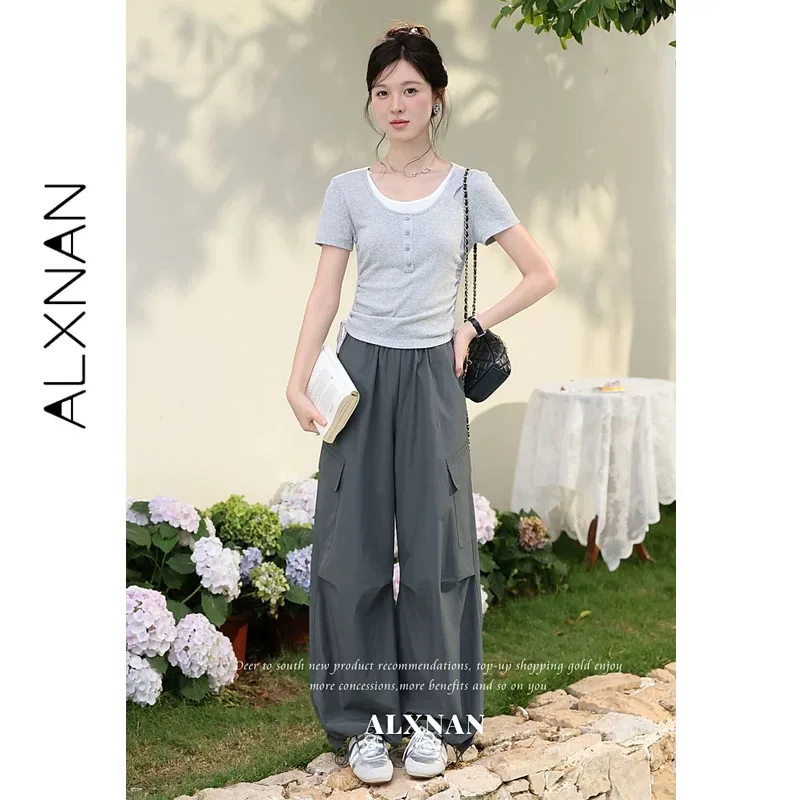 ALXNAN Dark Gray Straight Casual Pants Women Summer Elastic Waist Wide Leg Cargo Pants for Ladies Fashion Baggy Trousers L65316