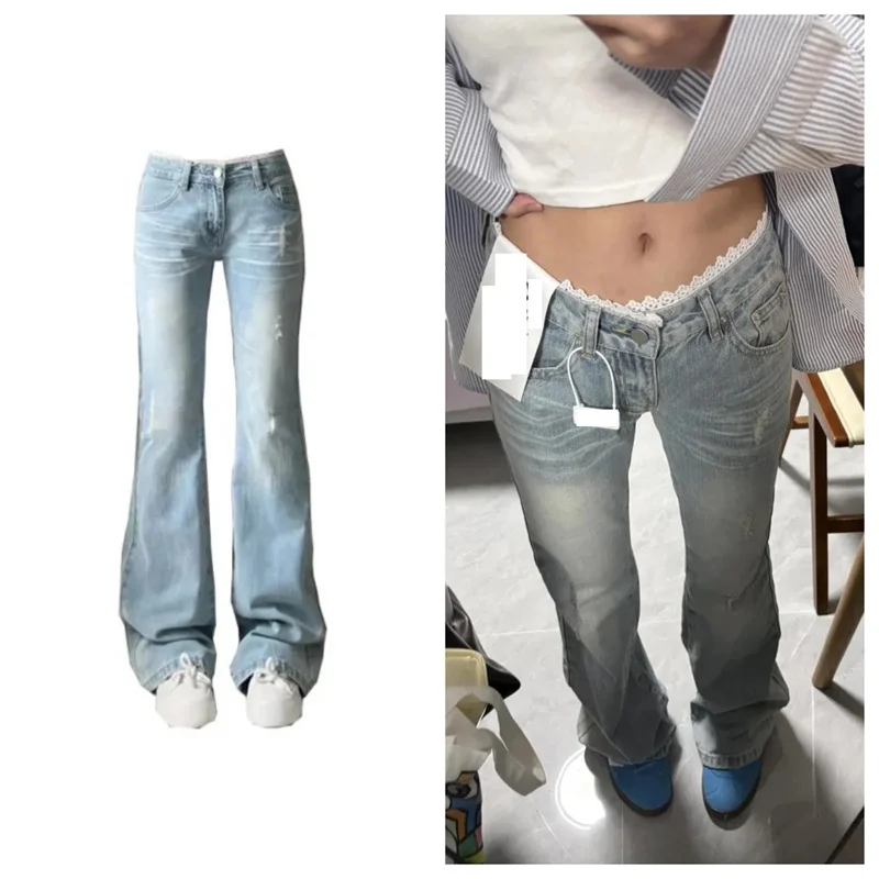 Washed Blue Petite Lace Patchwork 2026 American Style New Spicy Girl Micro Flared Jeans Look Slim, Low Waist Straight Leg Pants