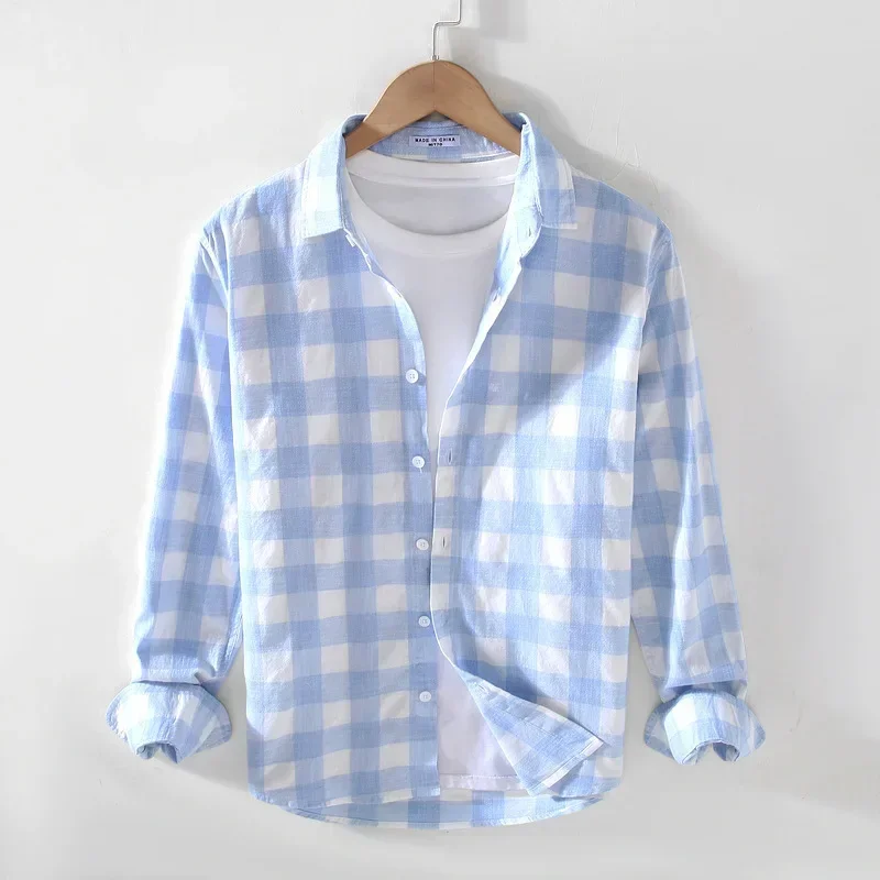 

Harajuku Plaid Shirt Men Spring Fall Daily Fresh Long Sleeve Casual Shirts Square Collar 100% Cotton Male Shirts Simple Tops
