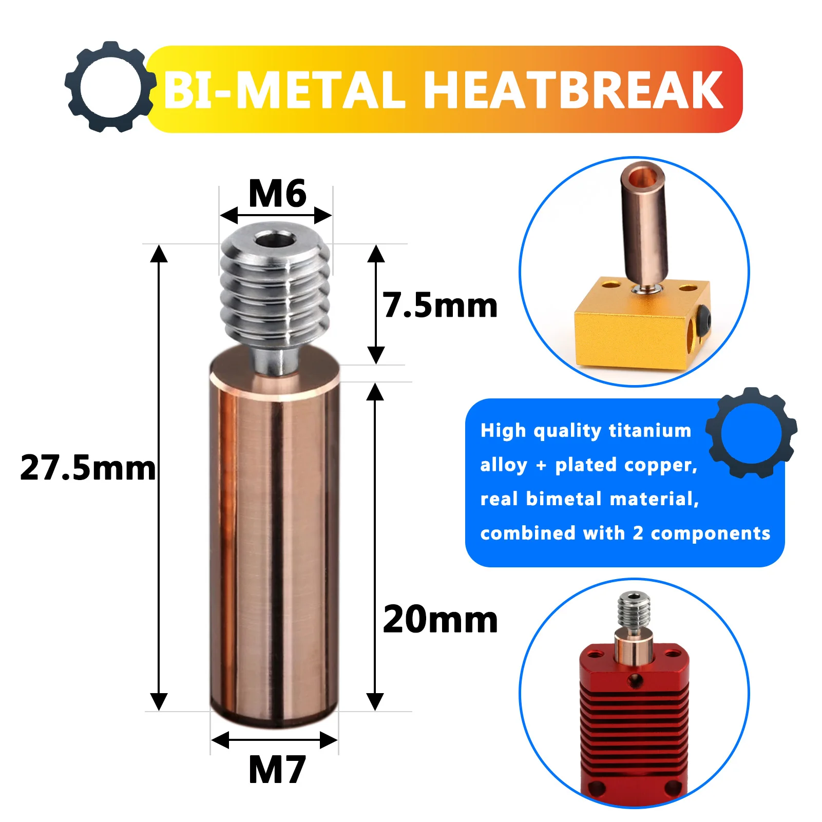 Bimetal Ender 3 Heatbreak Titanium Alloy Heat Break Throat 1.75mm Copper Plating Tube For Ender 3V2  CR-10 Hotend 3D Printer