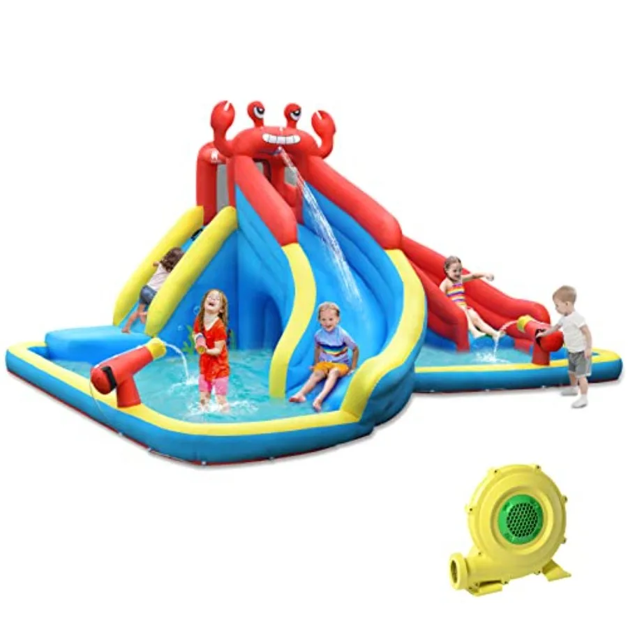 

Inflatable Water Slide Crab Theme Waterslide Park Outdoor Dual Slides Racing Climbing HideSeek Cave Blue with Blower for Big Ba
