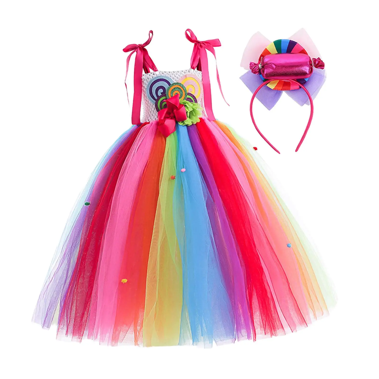 Gonna da ballo glitterata per bambini Abito lecca-lecca a tema caramelle Costume da principessa senza maniche Poliestere multicolore con fascia per eventi