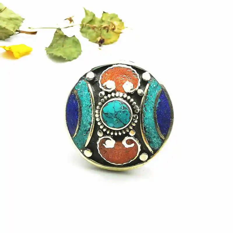 Metal Big Flower Rings Copper Inlay Colorful Stone Open Rings R017