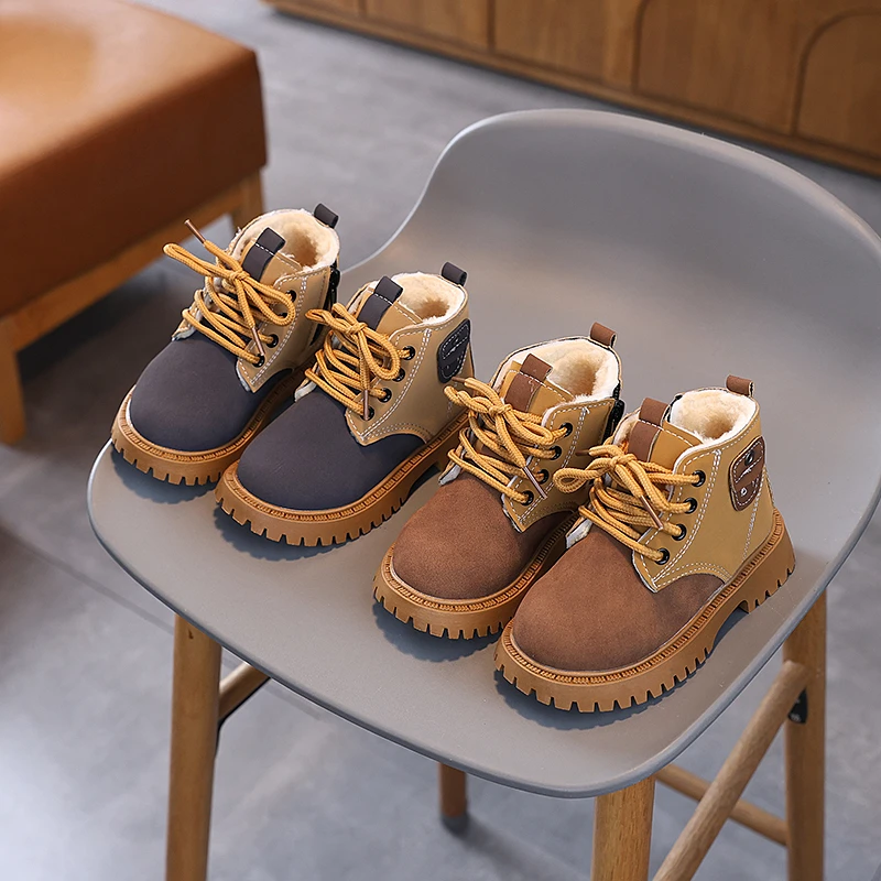 

2025 Fashion Single Boots Kids English Boots Boys Girls Side Zipper Single Lace-up Boots Kids Casual Shoes Mid Top Sneakers