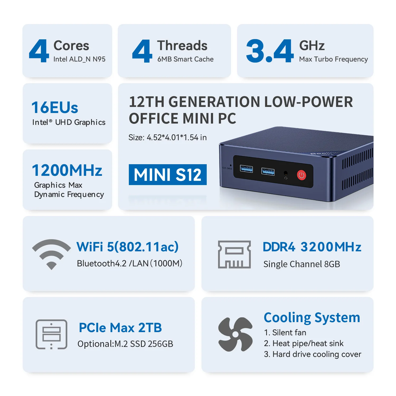 Beelink Mini Gaming PC, S12 Intel N95, S12 Pro, N100, 8G, 16G, DDR4, 3200MHz, 256G, 500G, SSD, Wifi5, WiFi 6, USB 3.2, Gen2, LAN, 1000M, 4K HDMI