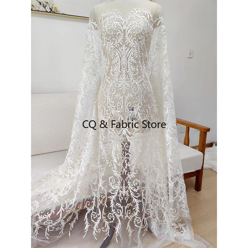 White European Style Mesh Embroidery Lace Fabric for Wedding Dress Cheongsam DIY Bridal Gowns Accessories Designer Fabric