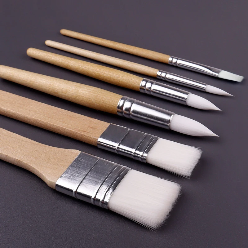 6 Pcs Nylon Wood Handle Paint Brushes Set Round Acrylic Oil Watercolor Brushes Professional Painting Brush for Ink Rock Painting