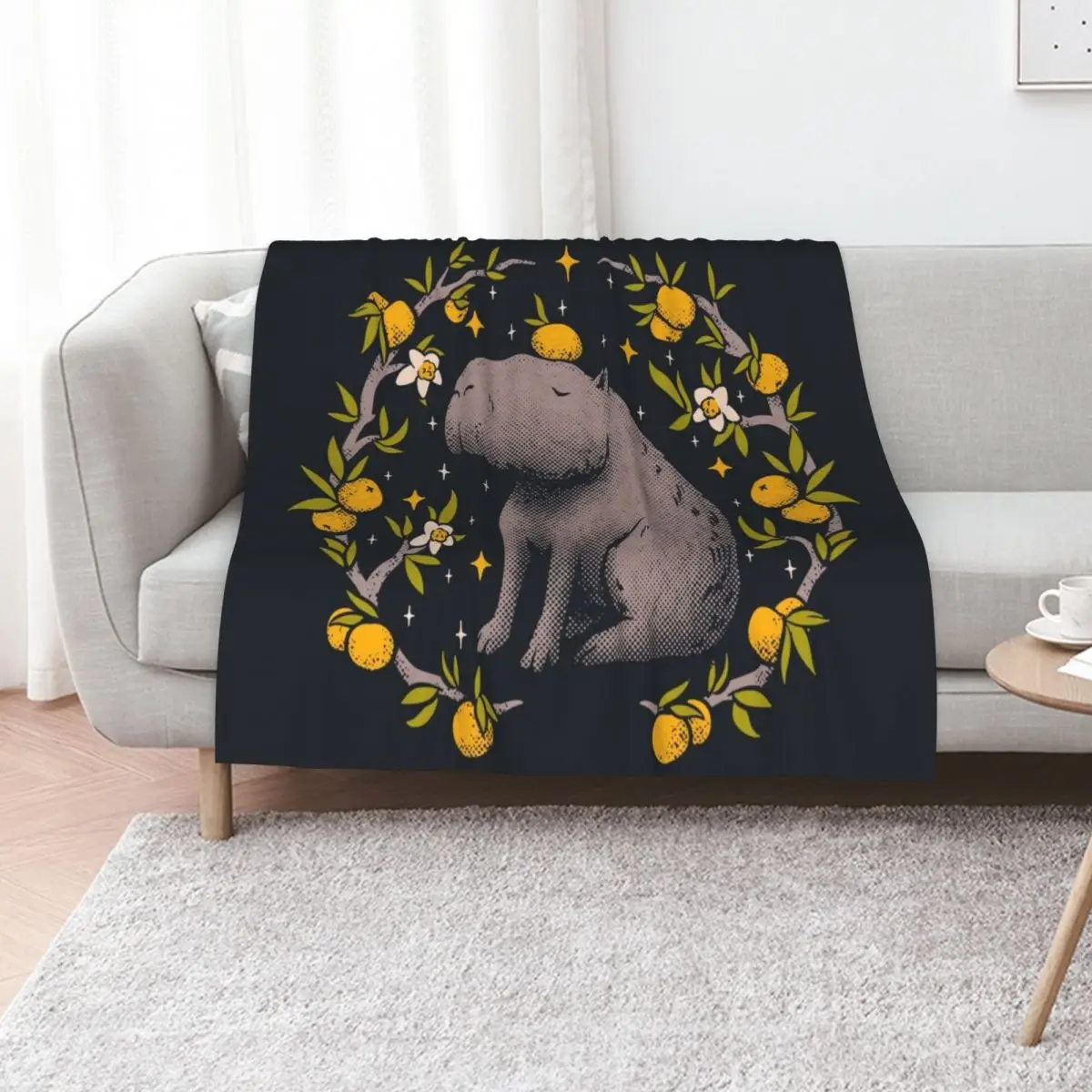 Capybara Cottagecore Aesthetic Chilling With Orange on Head | Goblincore Capy Yuzu Citrus Fruit Blossom Flowers Me Throw Blanket