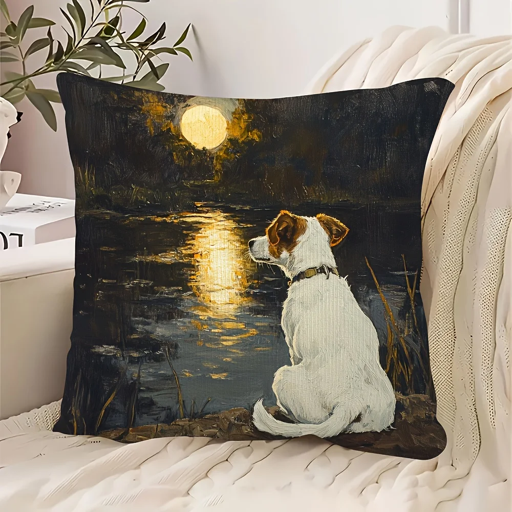 Sided Vintage Jack Russell Terrier Pillow Cover Moonlight Lake Dog Oil Painting Print Soft Throw Pillow Case for Home Decor