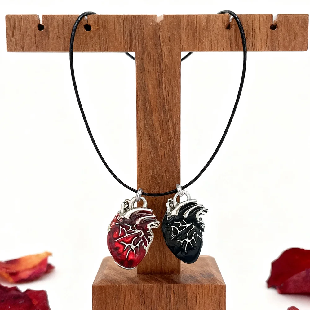 New Gothic Style Red and Black Heart Necklace Double Pendants Medical Cardiology Jewelry Neck Chain for Women Men Punk Gifts