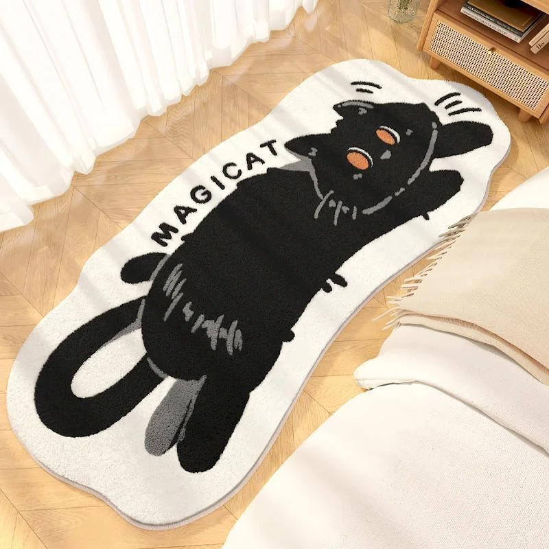 VIKAMA White Cat Shaped Carpet Cartoon Print Washable Carpet Plush Anti Slip Floor Mat Home Decoration