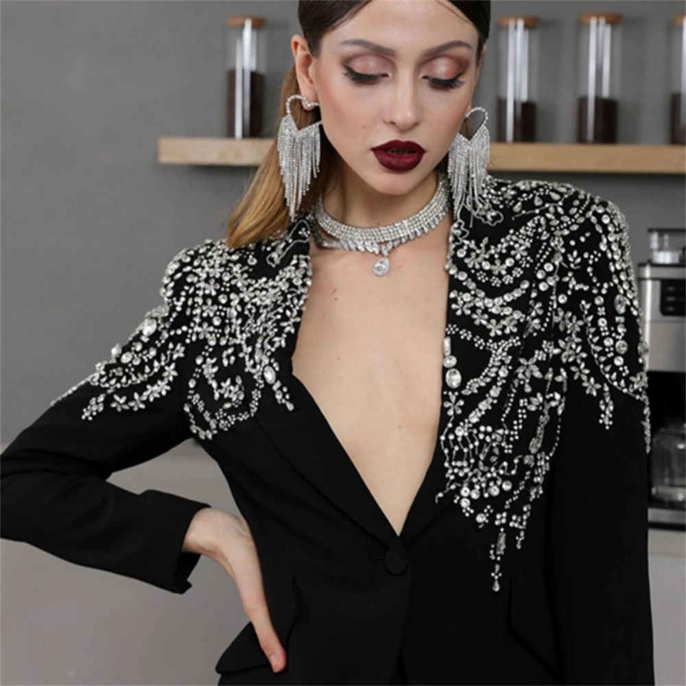 Diamond Luxury Suit Jacket for Women Low V Neck Fashion Suit Blazer High Street Wear Outfit Fashionable Party Suits