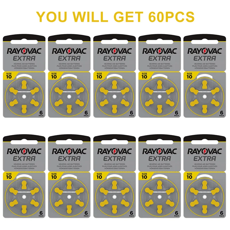 60PCS Profesional Hearing Aid Batteries Rayovac Extra A10 A13 A312 A675 Zinc Air 1.45V Battery For Hearing Aids