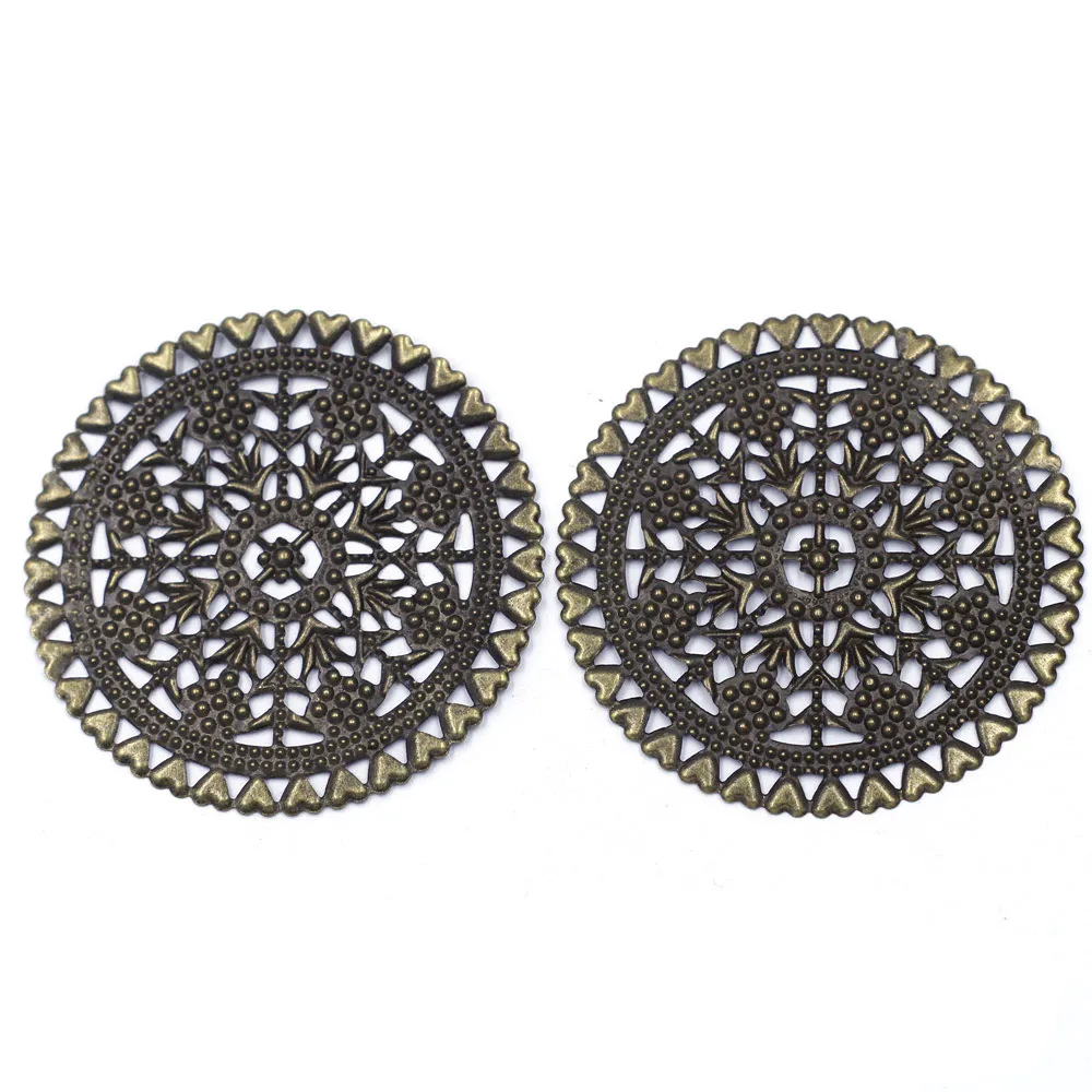 5 Stück Verzierungen rundes Herz filigrane Wraps Legierung Vintage Bronze Ton Schmuck DIY finden 60mm – Detail 1