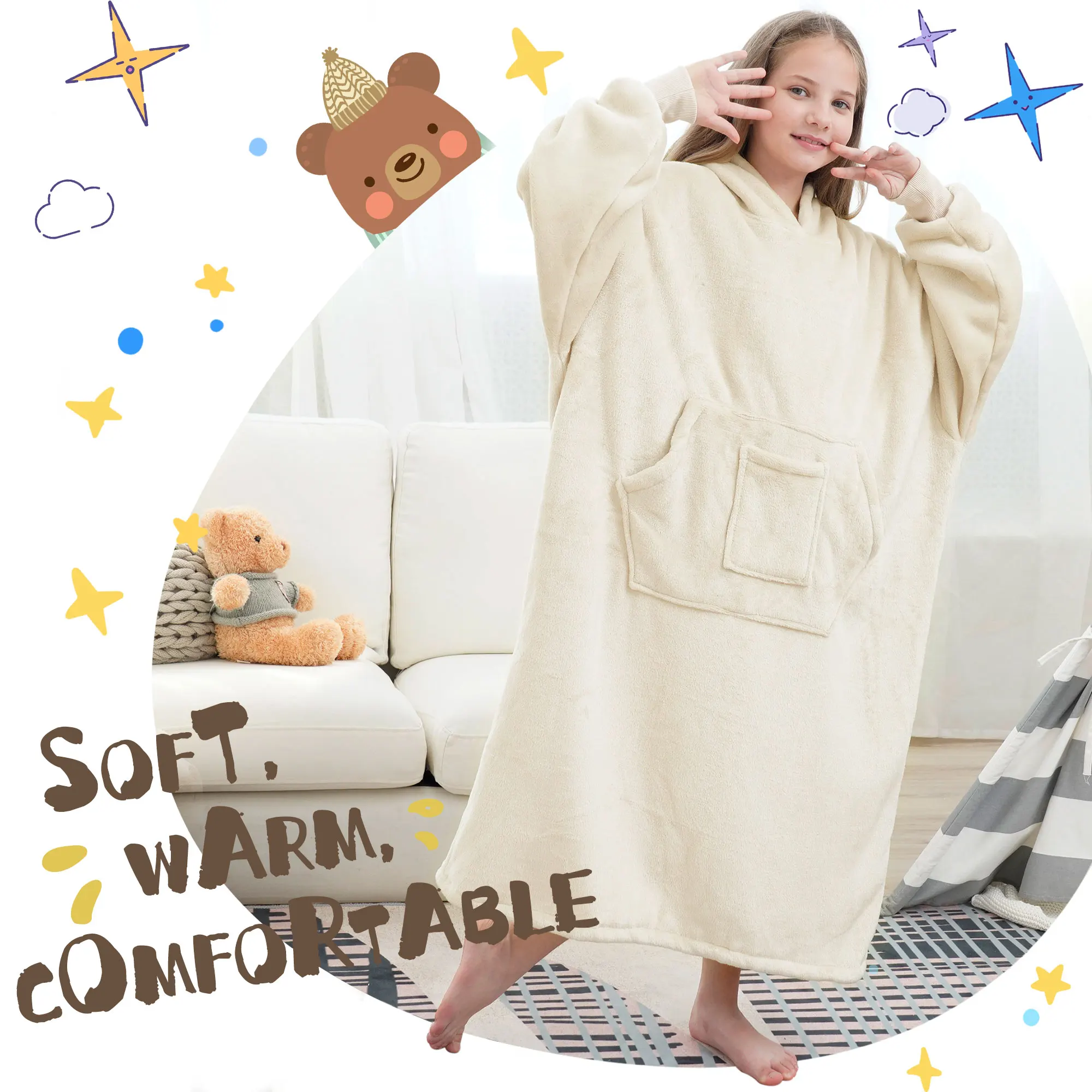 Großer Kinder-Sweatshirt-Pyjama mit Kapuze, mit Bündchen und Taschen, mit Innenseite aus Fleecefutter, hält warm und dick