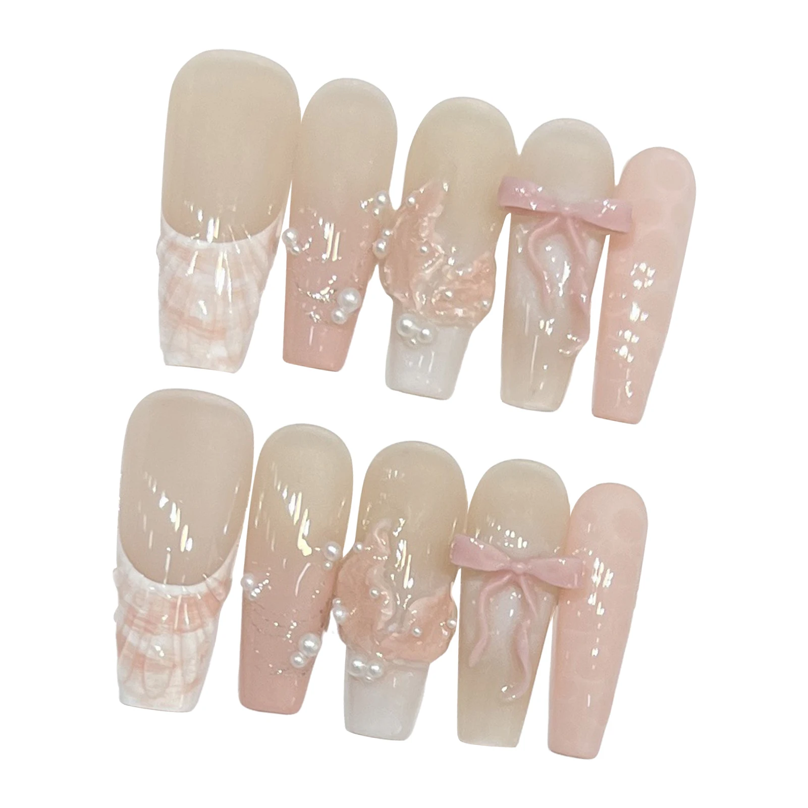 طويل راقصة الباليه الأظافر وهمية 10 قطعة الأظافر اليدوية اضغط على عارية الوردي الفرنسية الأظافر كاذبة بقع Bowknot ذيل السمكة اللؤلؤ المصممين #1