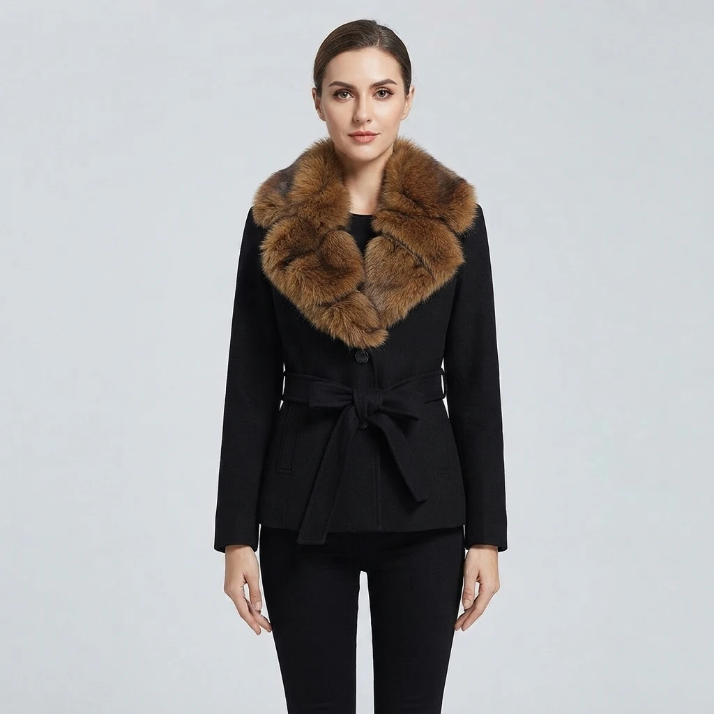 European and American style fur collar lace-up coat women's 2026 winter new style high-end warm temperament short woolen jacket