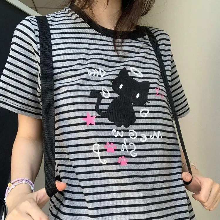 

Kimotimo Japanese Anime Striped Cat Printed Short Sleeve T-shirt Women Summer Sweet Loose Round Neck Tops Harajuku Streetwear