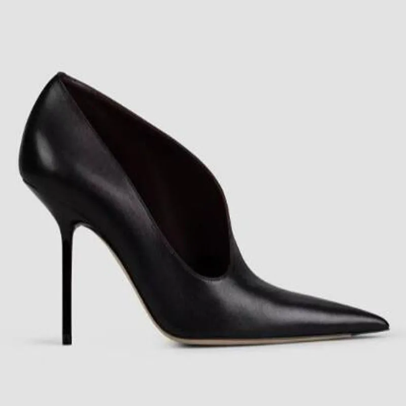 Black Soft Leather Pointed Toe V‑Cut Pumps Thin Stiletto High Heels Slip‑on Closed Toe Elegant Ladies Party Dress Shoes Women
