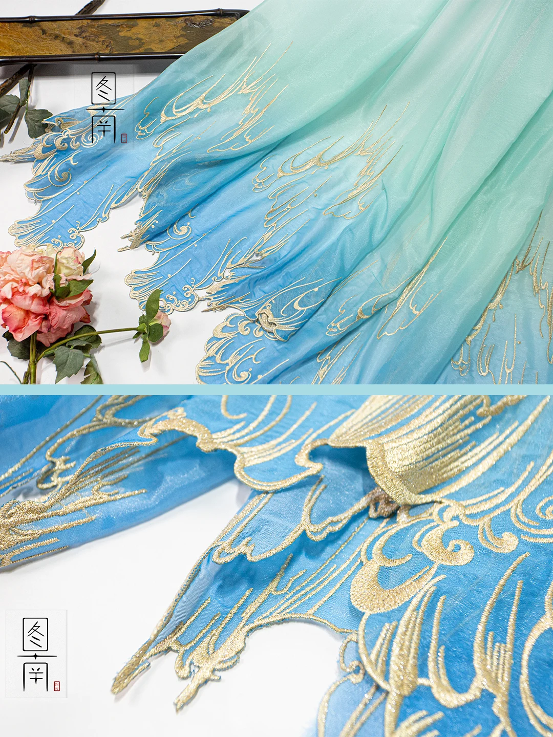 embroidery green blue Gradient color  soft  fabric DIY hanfu shirts doll cloth (Repair the fabric edges by yourself)