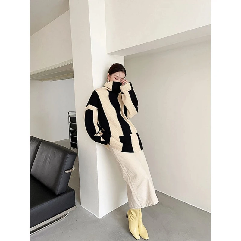 Estilo preguiçoso listrado contraste solto pullovers coreano manga longa tricô suéteres outono inverno nova moda casual roupas femininas