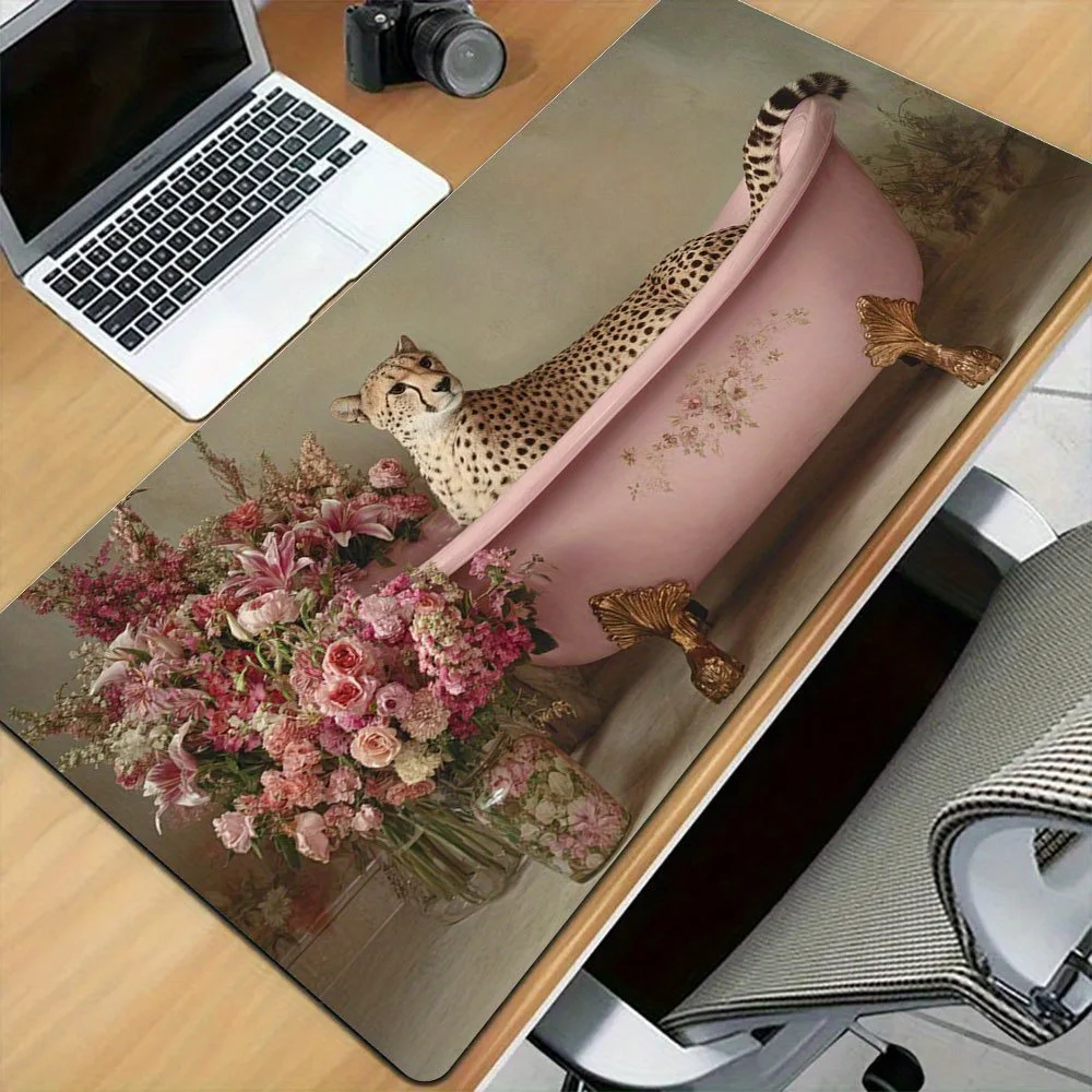 Vintage Cheetah in Bathtub with Flowers Extended Gaming Mouse Pad Large Non-Slip Desk Mat