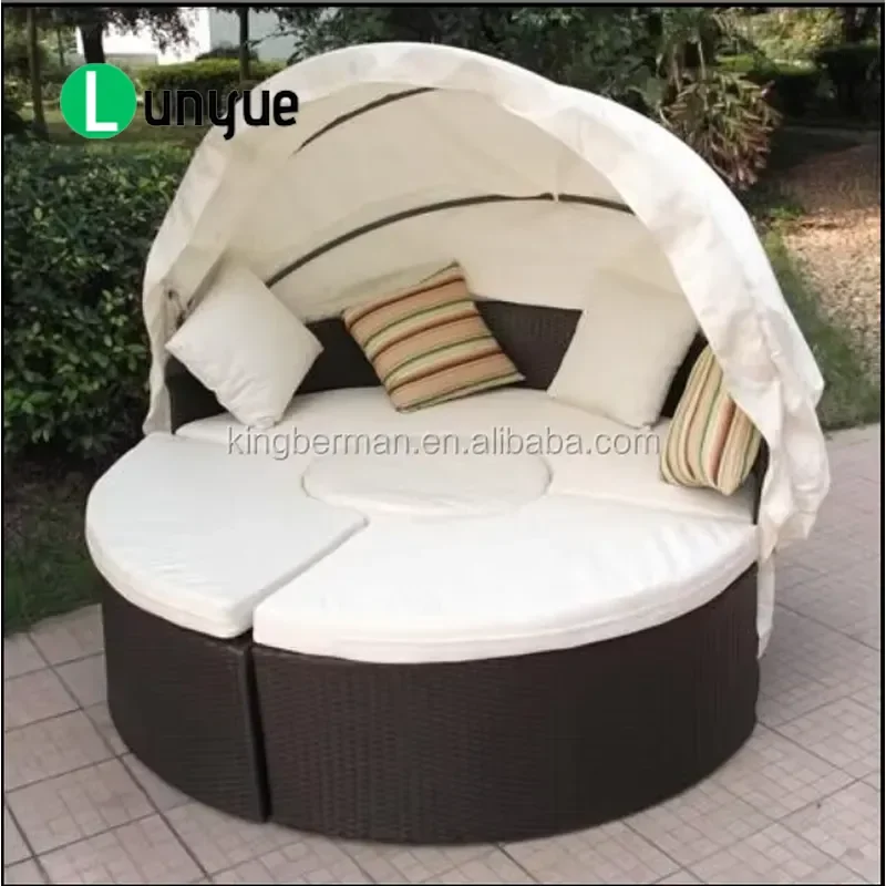 Outdoor Round Rattan Sofa Bed with Canopy Wicker Recliner Stylish Patio Furniture for Garden Poolside Lounge Durable