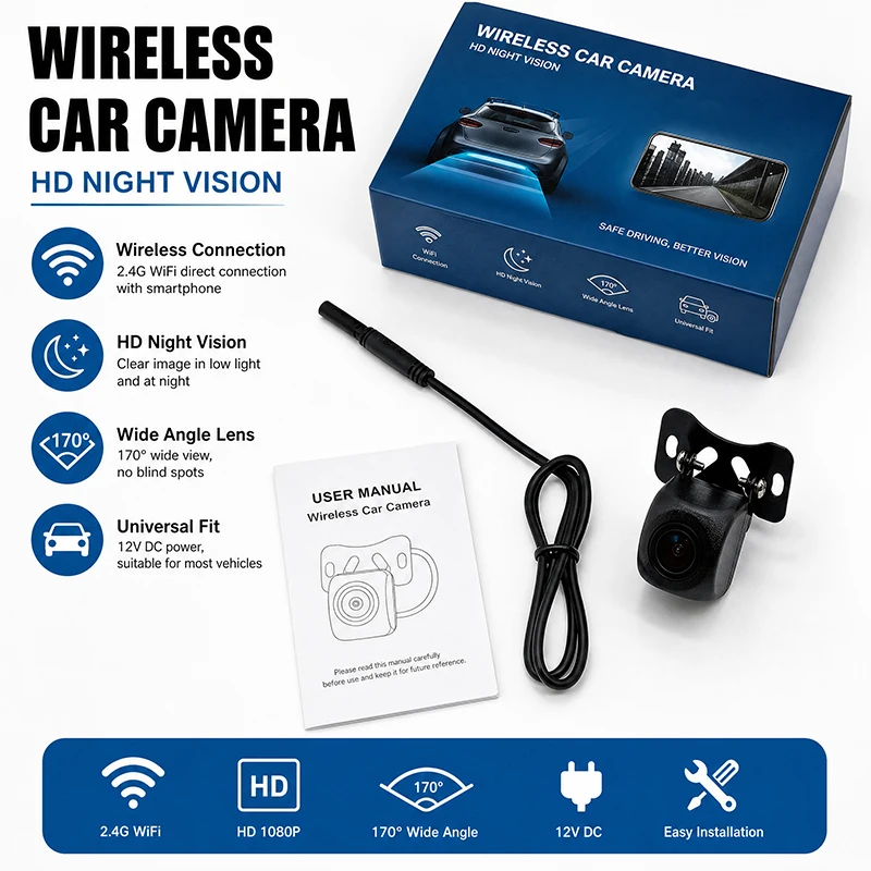 지시우다 차량 후방 카메라 Wifi HD 170도 광각 후방 카메라 무선 방수 Wifi 후방 카메라 12V 24V 안드로이드 iOS
