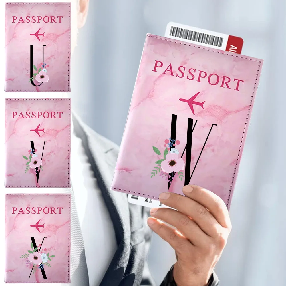 Passport Cover Pink Color Passport Holder Waterproof Travel Passport Case Black Flower Series Plane Ticket Card Case