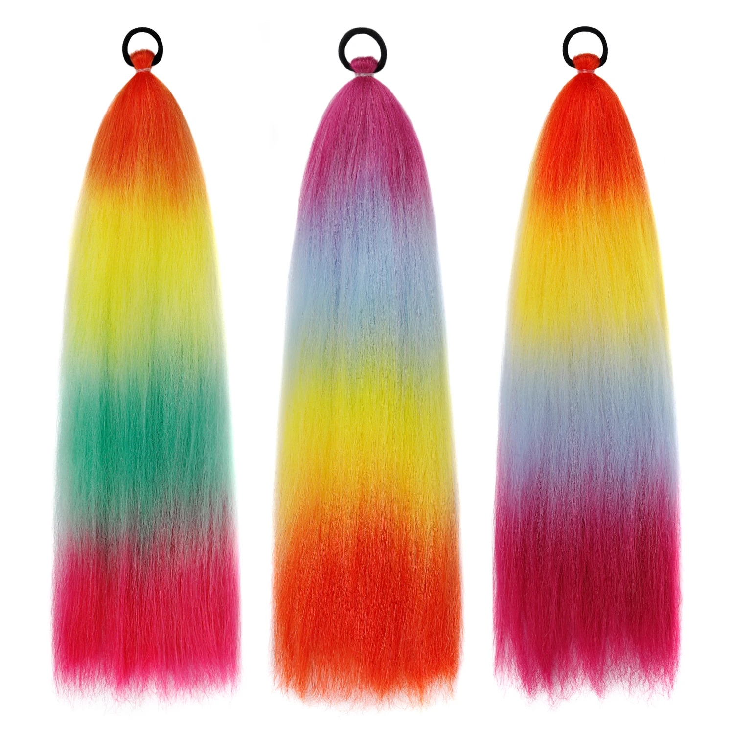 26 Inch Ponytails Rainbow Ombre Color Synthetic Ponytail Hair Extensions with Elastic Band for Kids Girls Cosplay Hairpiece Wigs