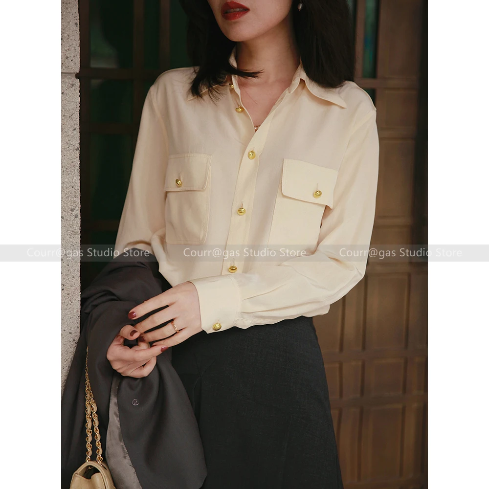 

Light luxury French niche ~ Retro exquisite simple champagne gold button commuter silk long-sleeved shirt